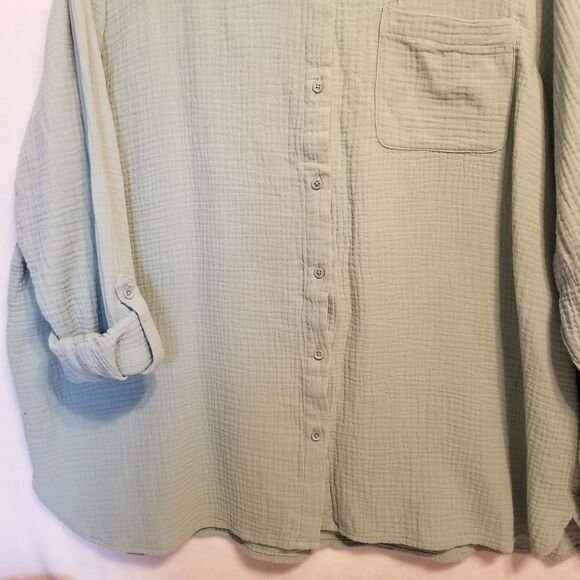 Anne Klein XXL Top Gauze Cotton Roll Tab Sleeve Button Front Sage Green Beachy - Picture 4 of 11